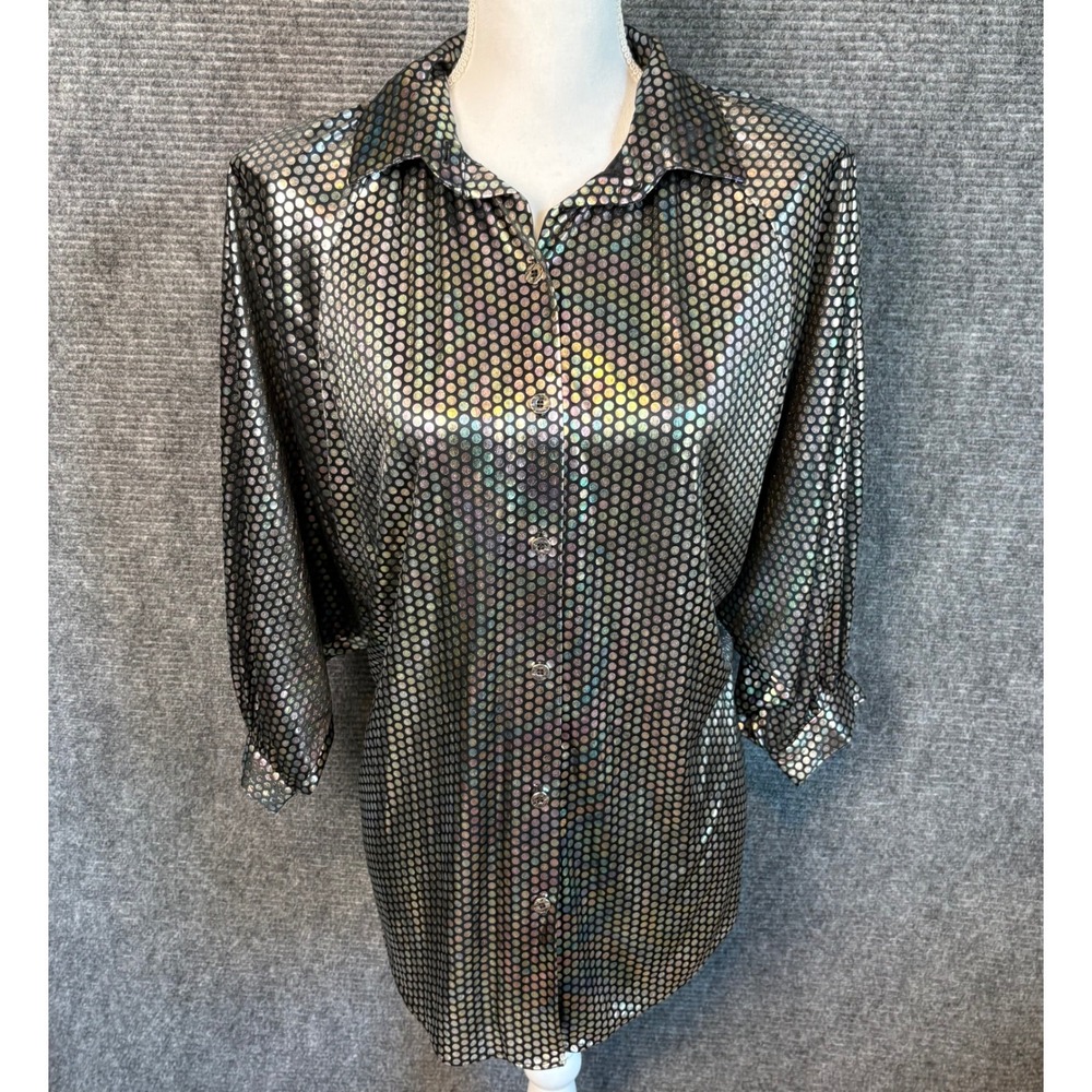 Vintage Jeri Marque Iridescent Foil Polka Dot Blouse Black Large Disco